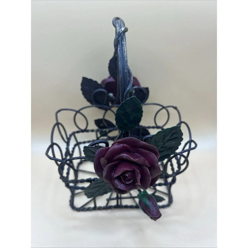 Metal Tole Purple‎ Rose Wire Basket 7.5